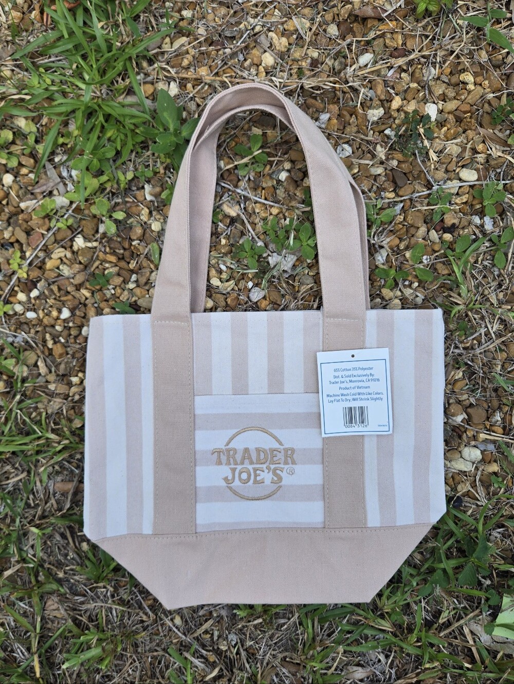 NWT Trader Joe's Mini Striped Tote Bag In Beige Tan